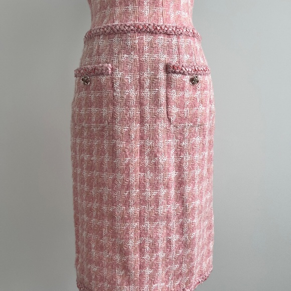 Chanel 2pc Pink Gold Button-Up Tweed Woven Trim Jacket Skirt Suit Set - Picture 10 of 11
